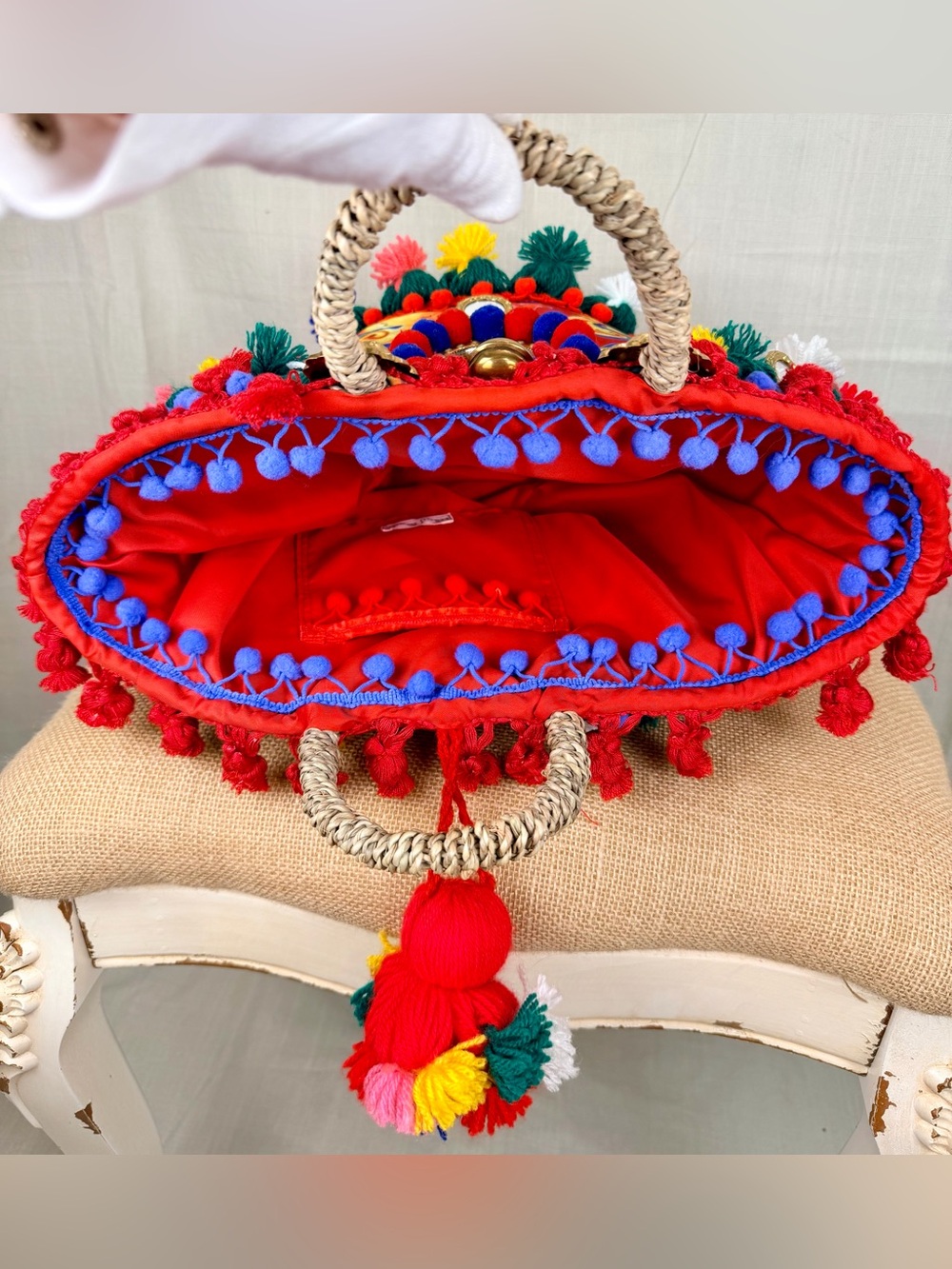 Italy Boho Pom-Pom Hand Made Straw Italian Designer Style Tote Bag Multicolor - Picture 10 of 11